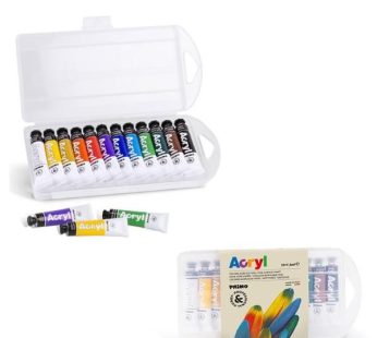 Fine acrylic paint, in aluminium tube, 12 colours.